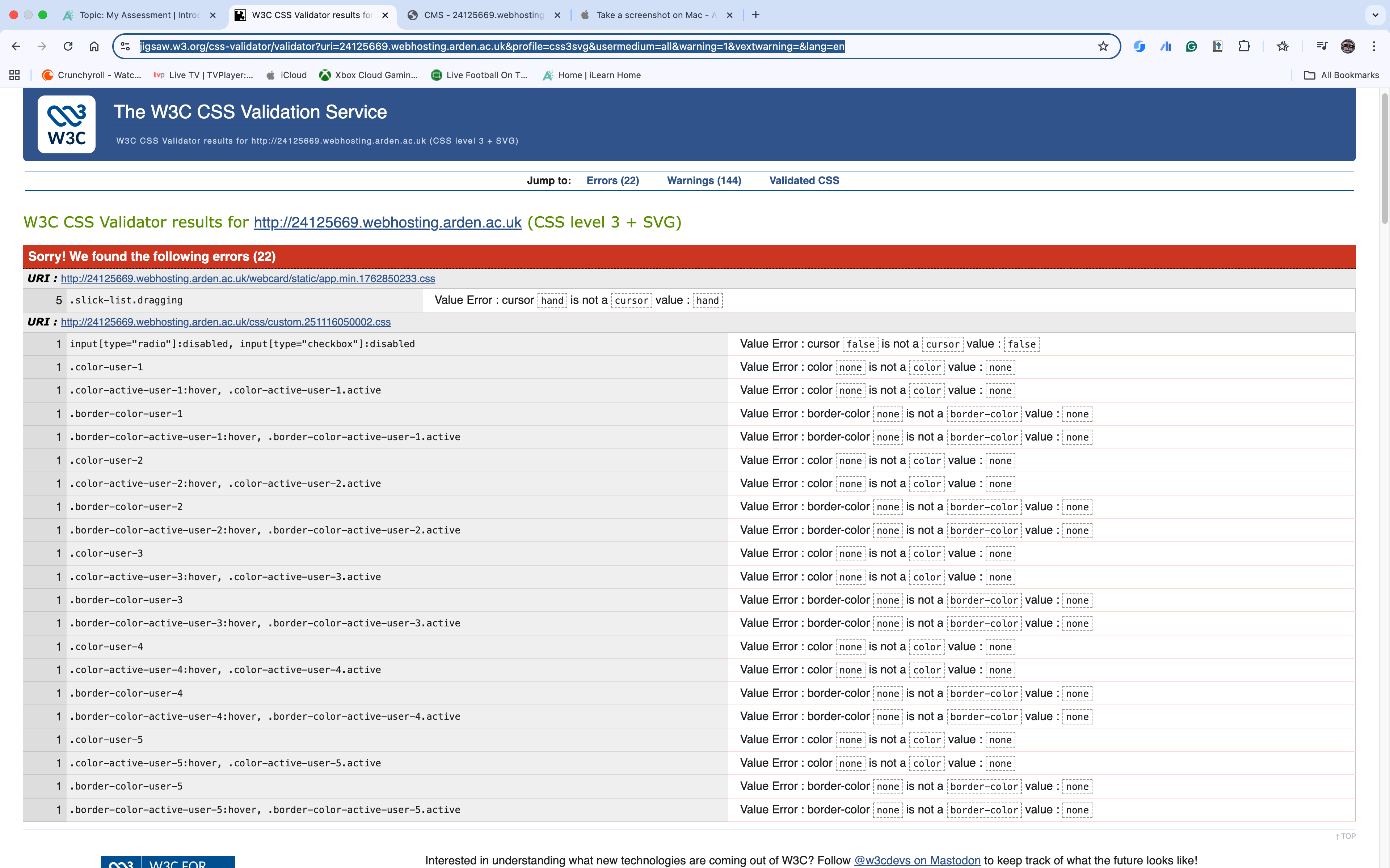 Screenshot of CSS Validation result showing external errors